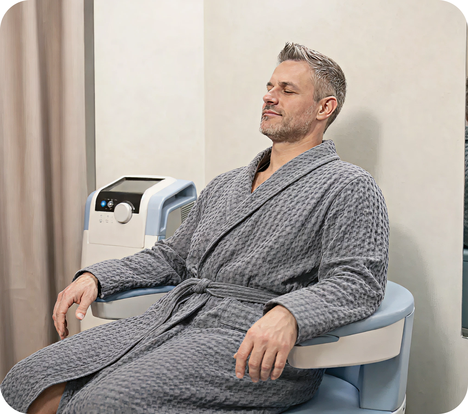 Man seated on an EMSELLA chair.