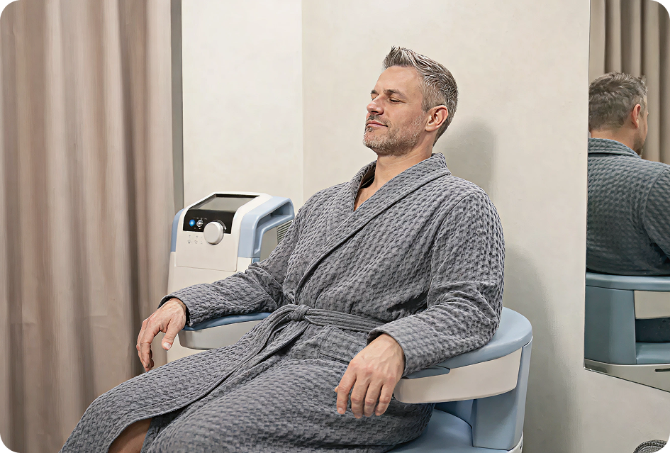 Man seated on an EMSELLA chair.