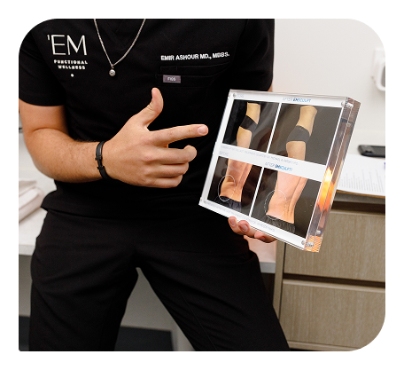 Clinician holding a tablet displaying body scan images.